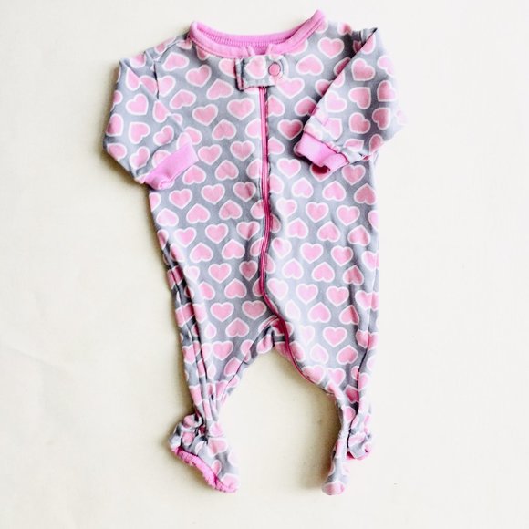 Grey with Pink Hearts Footed PJ's